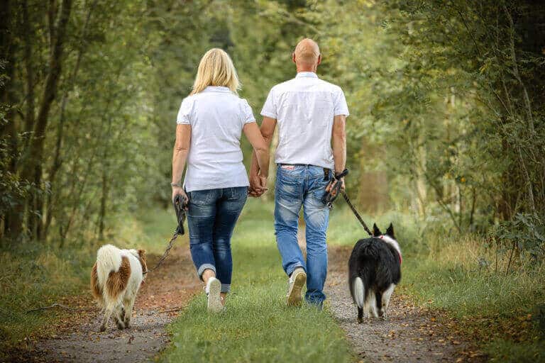 Paar mit Sheltie und Border Collie auf einem Waldweg beim Hundefotoshooting in der Natur