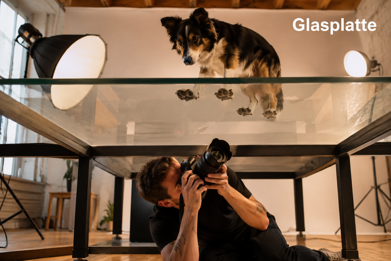 Informationen zum 
Hunde von unten Fotoshooting: Wie ich deinen Hund durch die Glasplatte fotografiere. Auf dem Bild sieht man, wie der Fotograf den Hund stehend auf der Glasplatte fotografiert.
